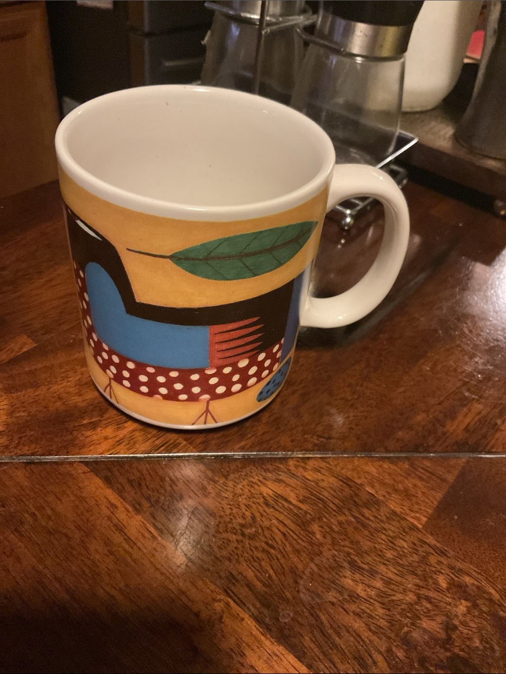 CHRIS ROBERTS ANTIEAU COFFEE MUG TEA CUP FOLK ART BLACK BLUE DOTS BIRD & LEAVES